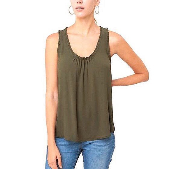 ★NWT★ Chic Ruffle Neck Tank Top!! Anne Taylor LOFT Army Green Sleeveless Blouse - Picture 3 of 11